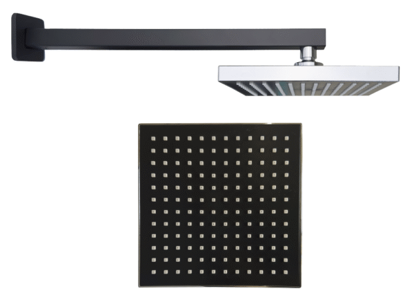 CABEZA DE DUCHA CUADRADA 8" NEGRO + BRAZO MINIMALISTA 40CM NEGRO (PLANO) 2616